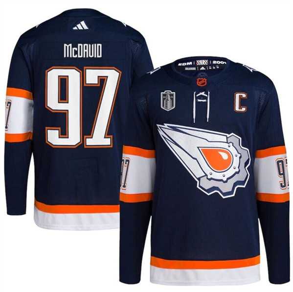 Mens Edmonton Oilers #97 Connor McDavid Navy 2024 Stanley Cup Final Patch Reverse Retro Stitched Jersey Dzhi